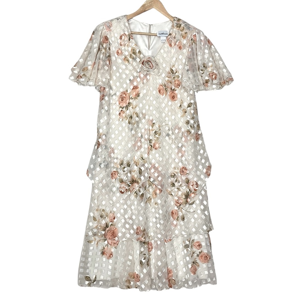 vtg CATTIVA sz 14 Layered Dress Lined Flutter Sleeves Lined Rosette Floral